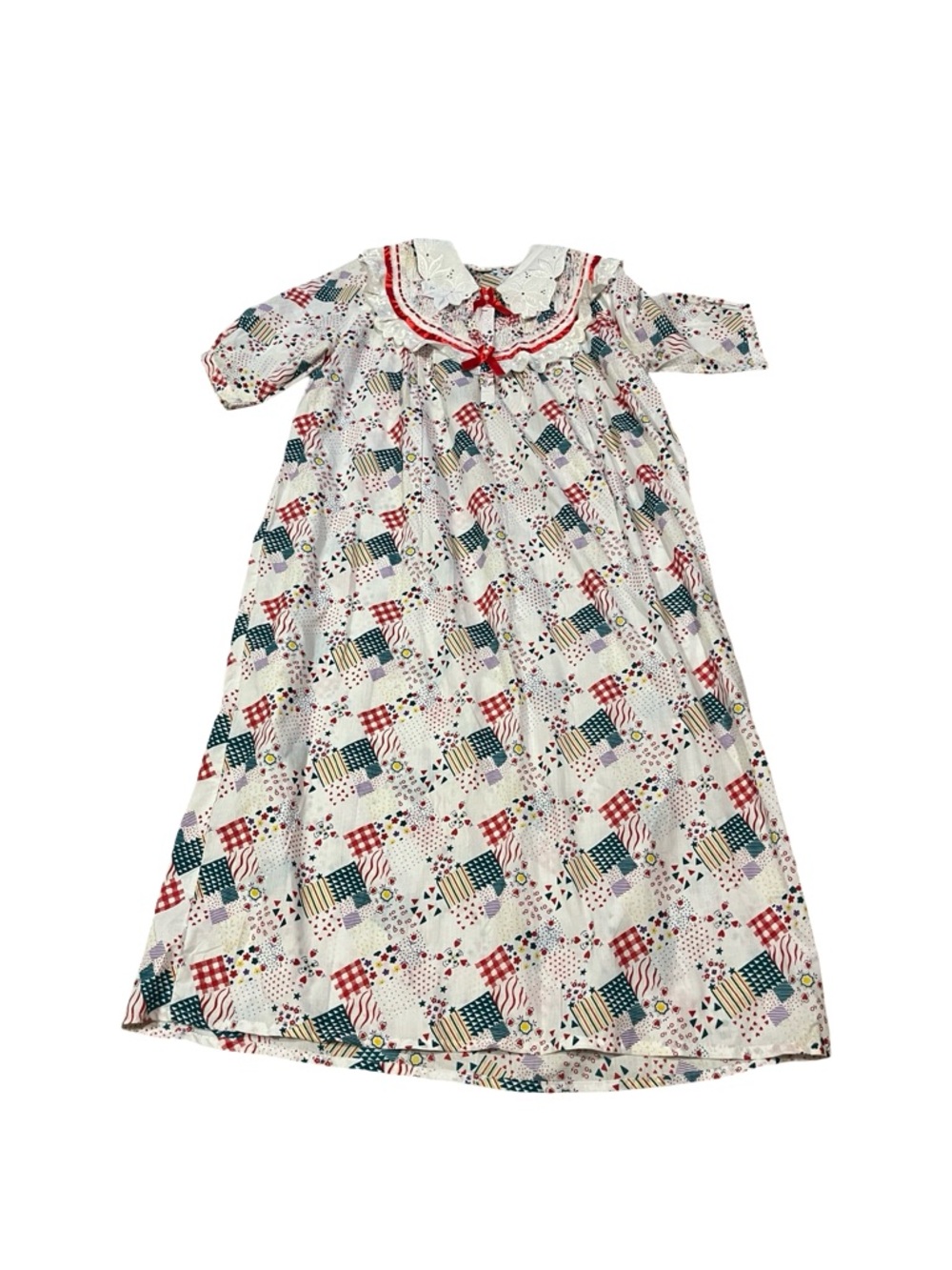 Vintage White & red print Prairie Dress- vintage  cotton nightgown wide collar